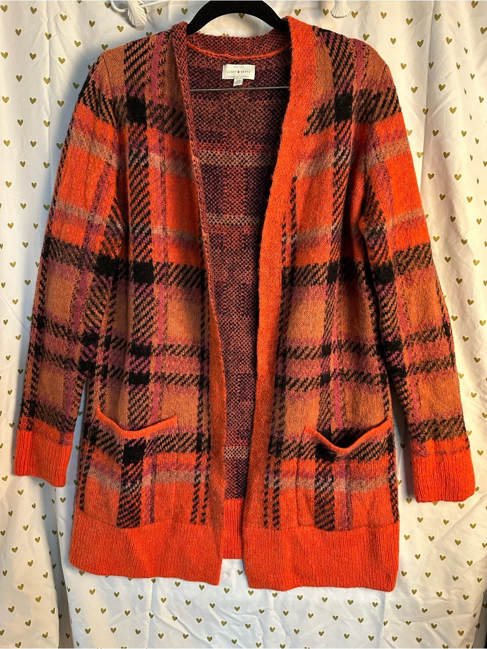 Lucky Brand Orange Plaid Open-Front Cardigan